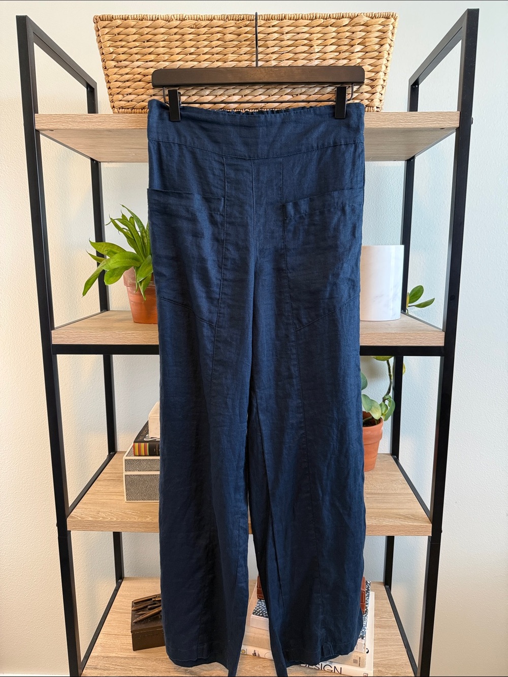 Tahari 100% Linen High-Rise Pocket Wide Leg Navy Pants, Small
